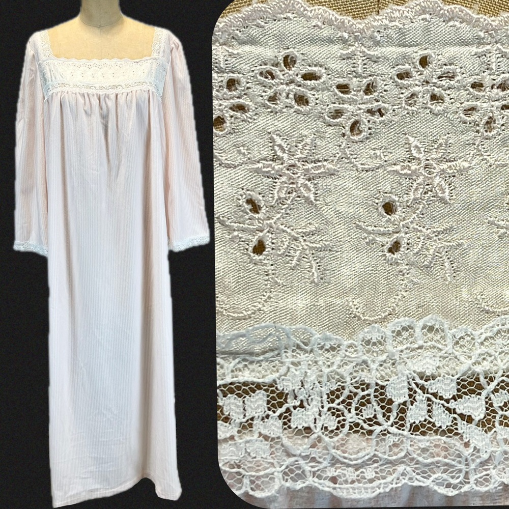 VINTAGE lace pastel pink ticking stripe maxi nightgown soft flannel long sleeve